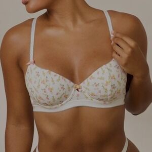 Lounge Underwear Rose Bud Ribbed Balcony Bra White Floral 36D Cottagecore